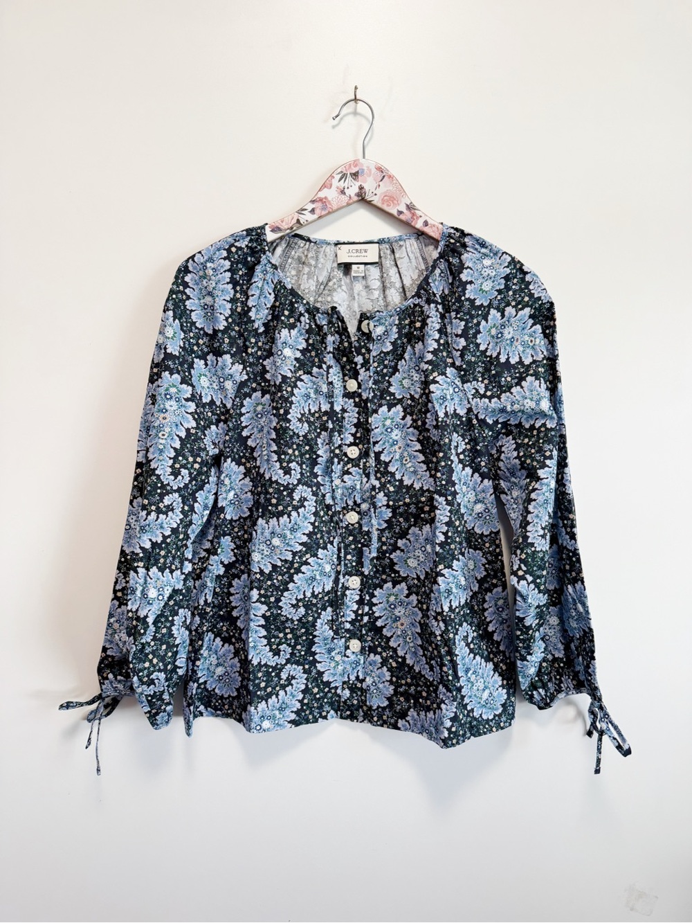 J. CREW COLLECTION Tie-Sleeve Button Front Top Blouse Blue Ratti Pacific Paisley